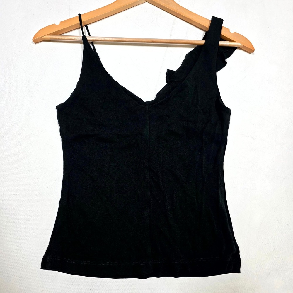 MNG Mango Tank Top Womens XS Black‎ Asymmetrical Ruffle V-Neck Cami Evening Chic